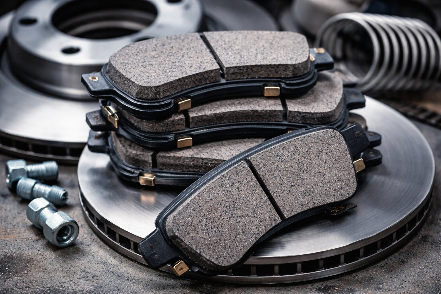 Brake pads on a vehicle disc brake system